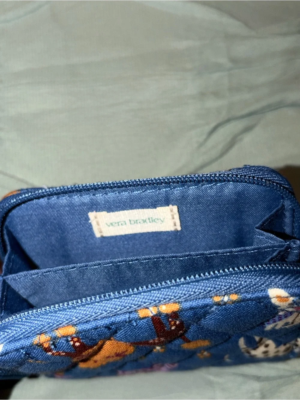 Vera Bradley Blue Quilted Zip Wallet with Playful Dog Pattern